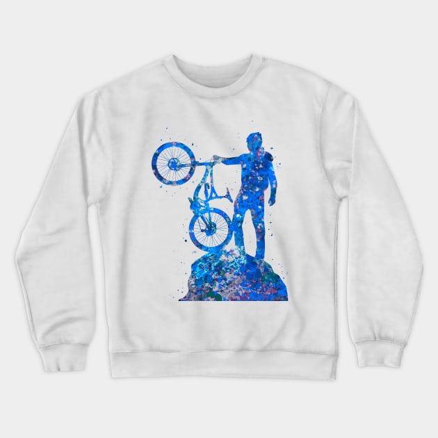 Downhill mountain bike watercolor blue art Crewneck Sweatshirt by Yahya Art